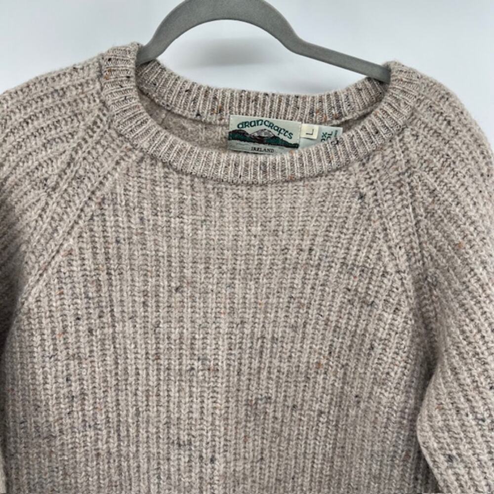 Aran Crafts 100% Wool Crewneck Sweater Womens L Oatmeal Speck Fisherman Ireland - Picture 3 of 8